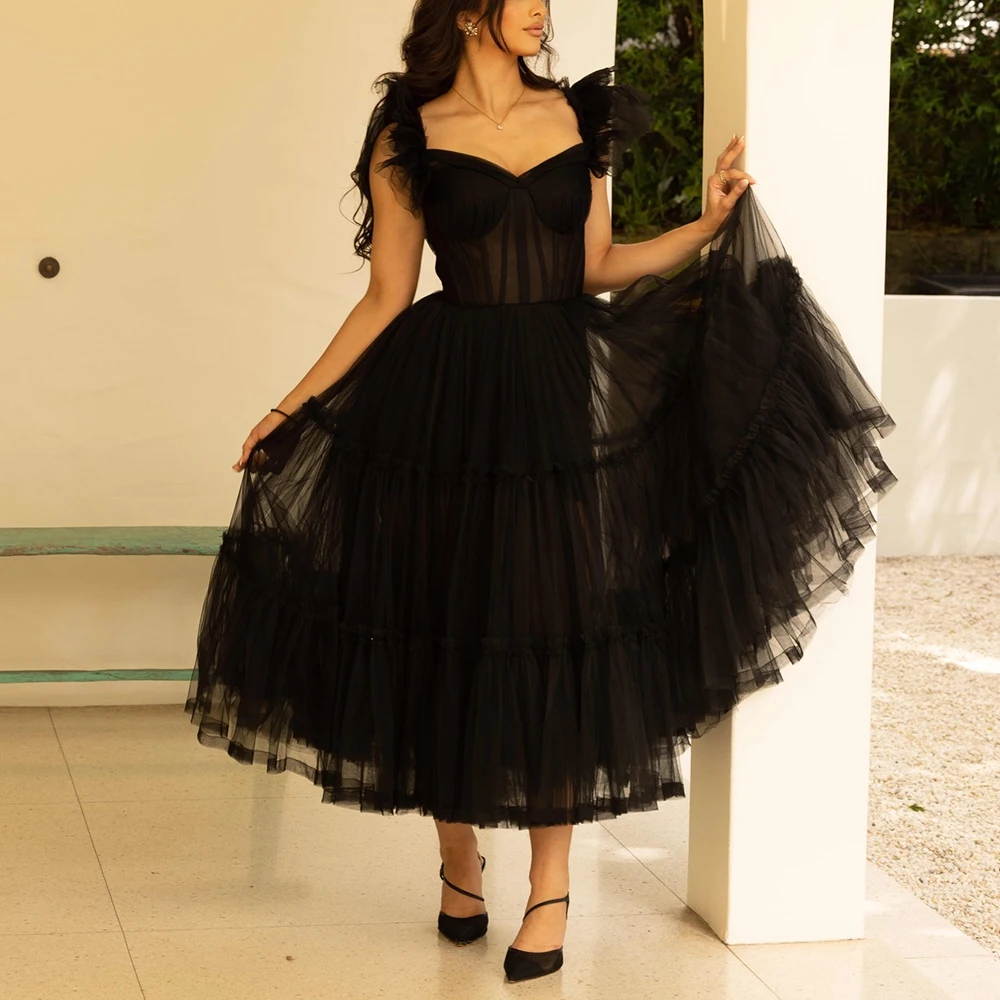 Customized Classic A-Line Tea Length Square Neck Spaghetti Straps Tulle Long Sleeves Evening Dress Fashion vestidos para mujer
Customized Classic A-Line Tea Length Square Neck Spaghetti Straps Tulle Long Sleeves Evening Dress Fashion vestidos para mujer