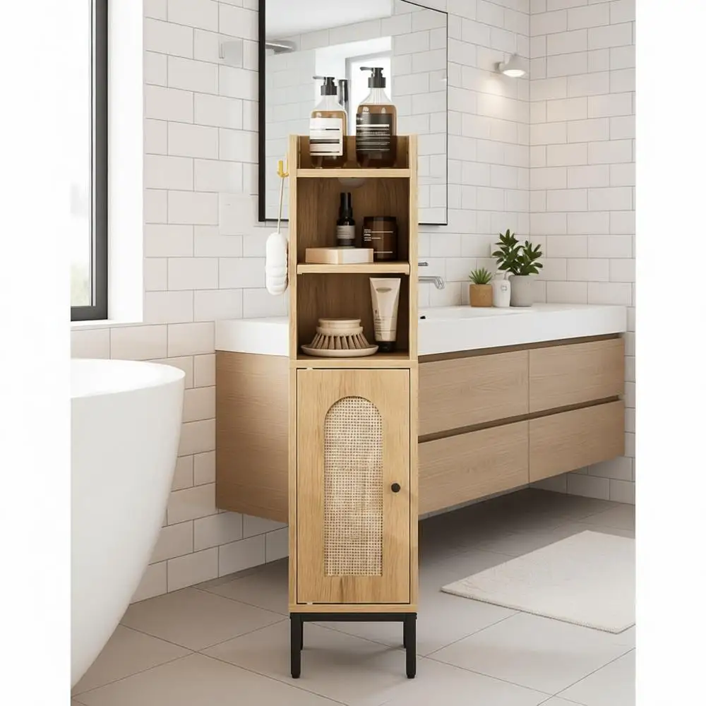 Bathroom Storage Cabinet, Small Floor Hutch with 2 Hooks, Narrow Toilet Paper Cabinet with Rattan Door, Bathroom Organizer with
Bathroom Storage Cabinet, Small Floor Hutch with 2 Hooks, Narrow Toilet Paper Cabinet with Rattan Door, Bathroom Organizer with