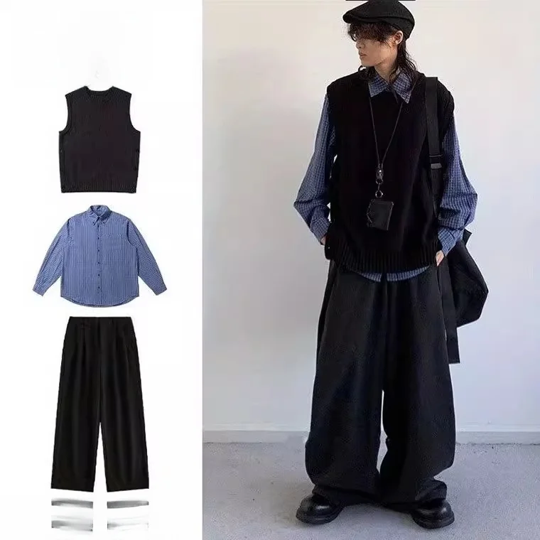 Черный вязаный жилет для мужчин и женщин, цельный комплект с разрезом по бокам в стиле ретро, японский повседневный спортивный костюм, комплект футболок
Черный вязаный жилет для мужчин и женщин, цельный комплект с разрезом по бокам в стиле ретро, японский повседневный спортивный костюм, комплект футболок