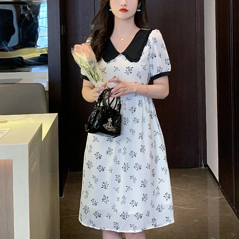 Summer New Doll Collar Sweet Floral Printing Casual Dress Female Elegant Fashion Short Sleeve A-line Vestidos Women Chiffon Robe
Summer New Doll Collar Sweet Floral Printing Casual Dress Female Elegant Fashion Short Sleeve A-line Vestidos Women Chiffon Robe