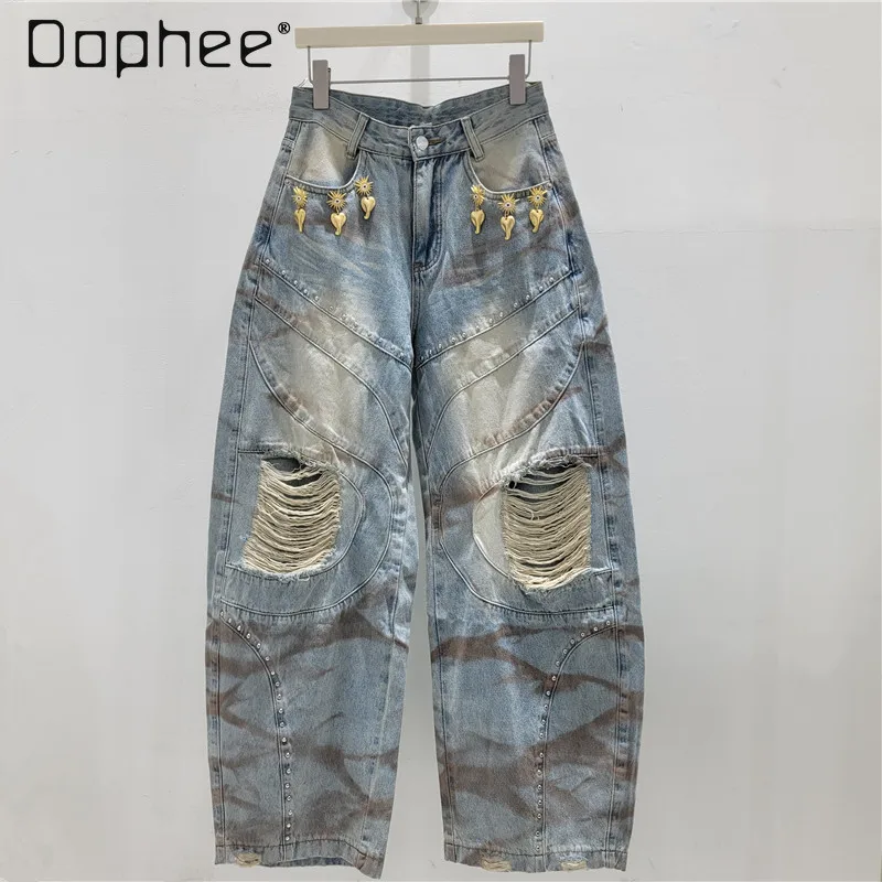 American Spice Girl Ripped Metal Decorative Jeans Women Street Punk Rivet Tie-Dyed Washed Retro Loose Slim Wide Leg Trousers
American Spice Girl Ripped Metal Decorative Jeans Women Street Punk Rivet Tie-Dyed Washed Retro Loose Slim Wide Leg Trousers