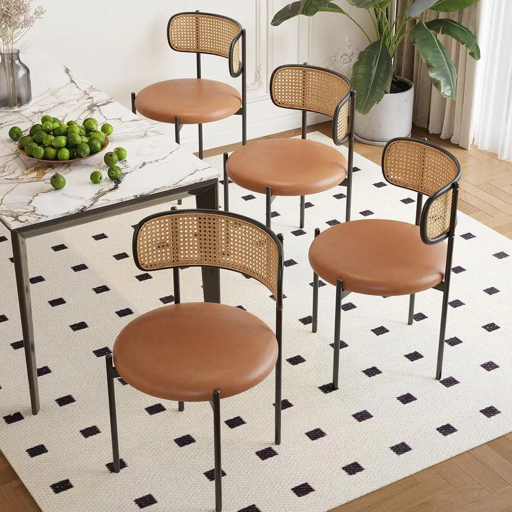 Set of 4 Dining Chairs: PU Leather Seats, Rattan Back, Metal Legs for Home or Restaurant Use
Set of 4 Dining Chairs: PU Leather Seats, Rattan Back, Metal Legs for Home or Restaurant Use