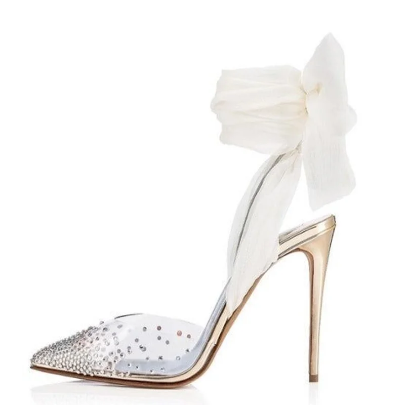 Transparent PVC Rhinestone High Heel Pumps White Ribbon Lace-up Pointed Toe Cutouts Wedding Bride Shoes Gold Heeled
Transparent PVC Rhinestone High Heel Pumps White Ribbon Lace-up Pointed Toe Cutouts Wedding Bride Shoes Gold Heeled