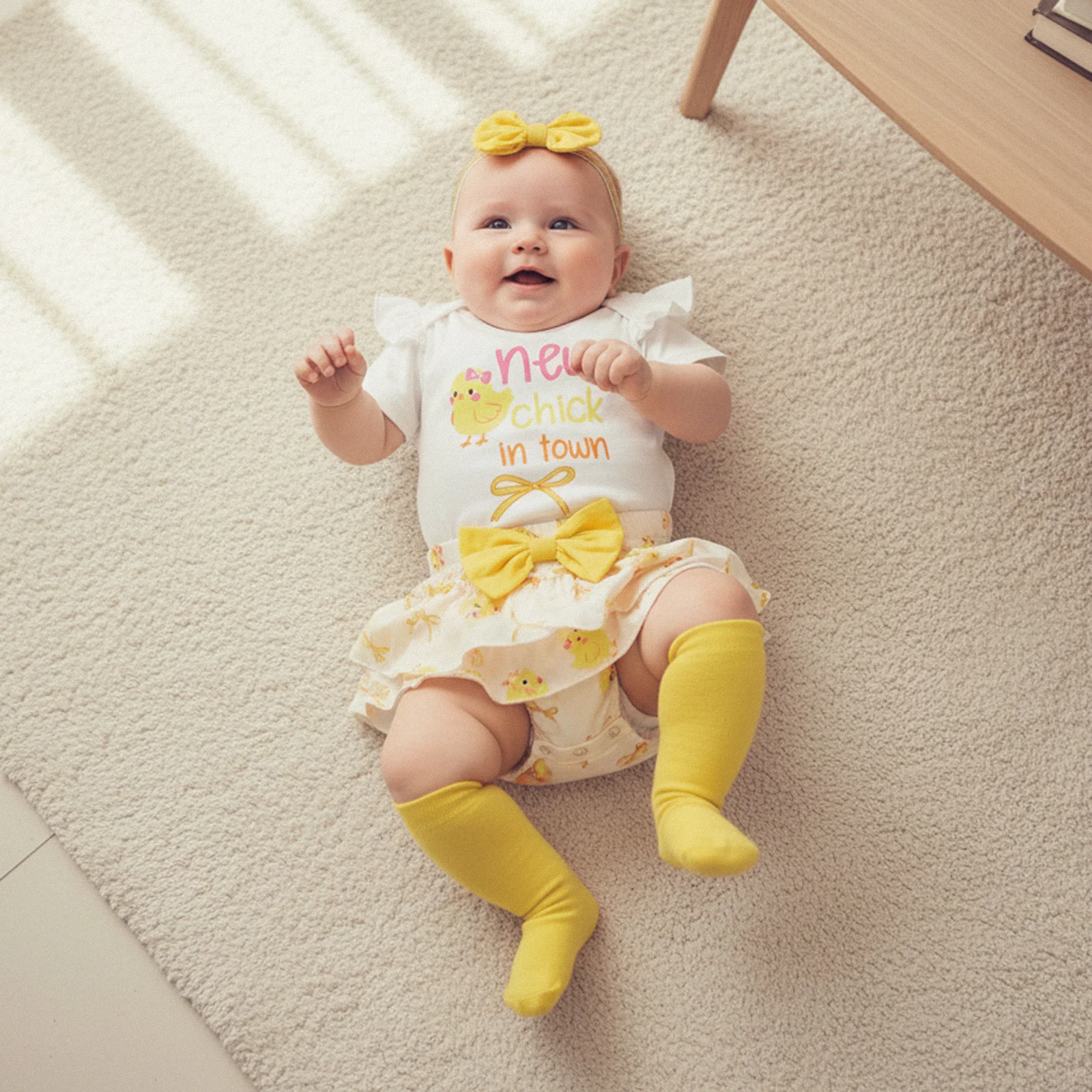 Baby Girl Summer Outfits Letter Chick Print Short Sleeve Round Neck Romper Skorts Bow Headband Long Socks Easter Costume
Baby Girl Summer Outfits Letter Chick Print Short Sleeve Round Neck Romper Skorts Bow Headband Long Socks Easter Costume