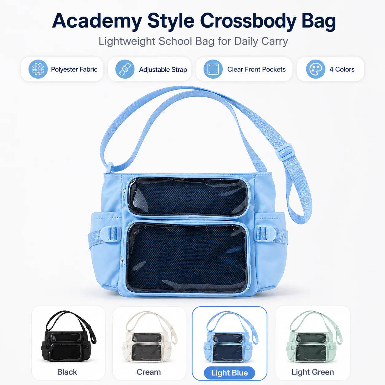 Blue Crossbody Bag Lightweight Shoulder Bag Clear Front Pockets Adjustable Strap School Library Daily Use
Blue Crossbody Bag Lightweight Shoulder Bag Clear Front Pockets Adjustable Strap School Library Daily Use