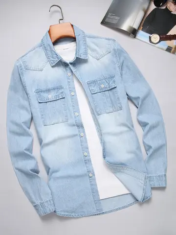 Pure cotton washed blue denim shirt for men - loose fit, trendy, cardigan style, fashionable and casual top