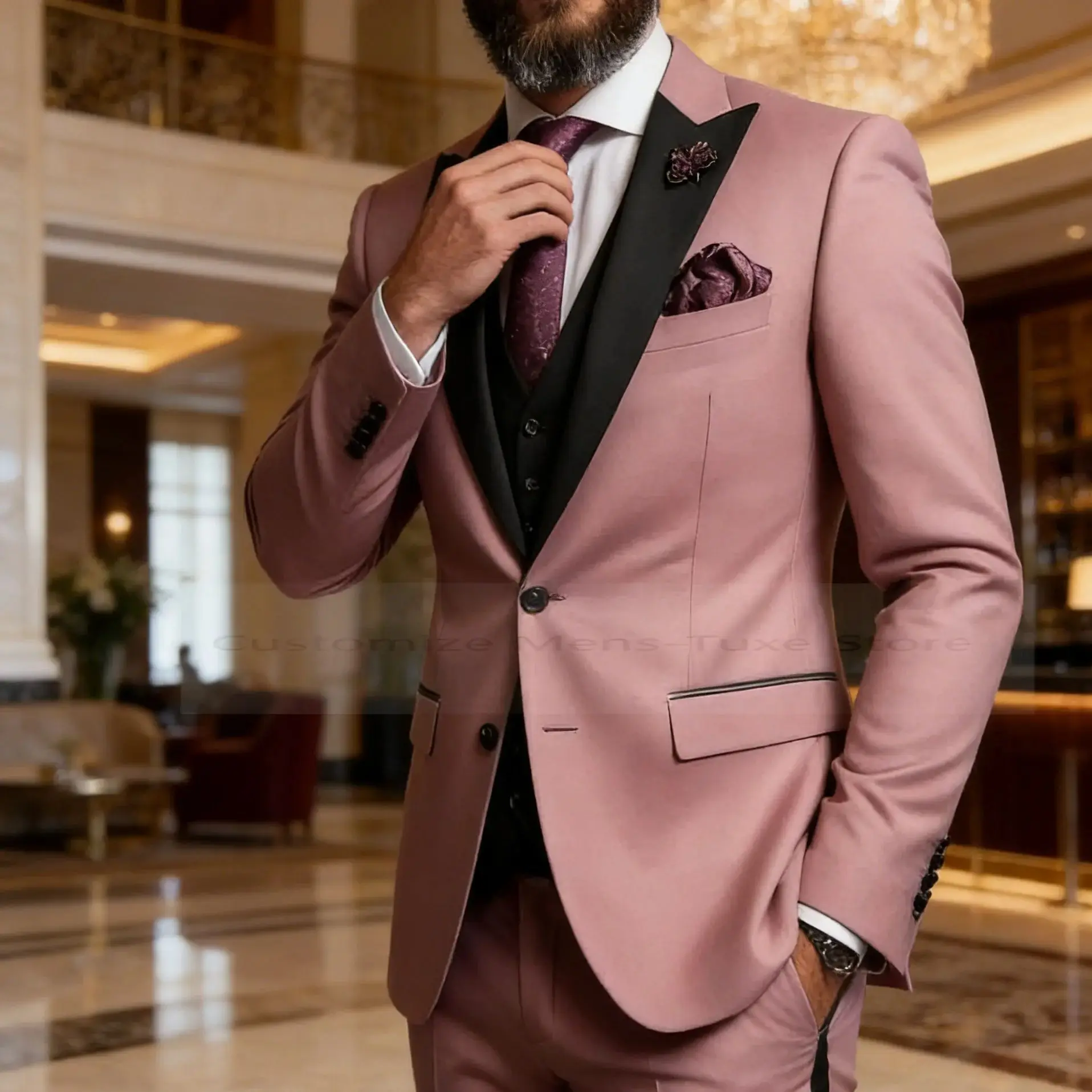 New Pink And Black Formal Business Men Suit Groom Groomsman Wedding Party Prom Male Tuxedos 3 Piece Set Blazer Vest Pants
New Pink And Black Formal Business Men Suit Groom Groomsman Wedding Party Prom Male Tuxedos 3 Piece Set Blazer Vest Pants
