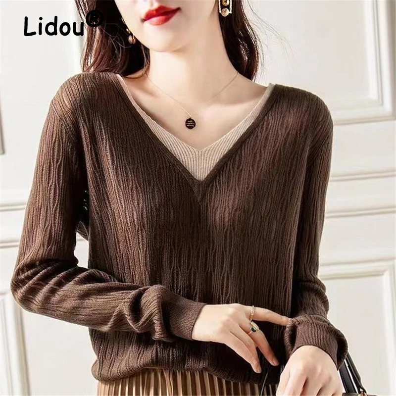 Spring Autumn Elegant Fashion Sexy V Neck Hollow Patchwork Pullover Basic Knitwear Casual Long Sleeve Top Female Clothing Jumper
Spring Autumn Elegant Fashion Sexy V Neck Hollow Patchwork Pullover Basic Knitwear Casual Long Sleeve Top Female Clothing Jumper