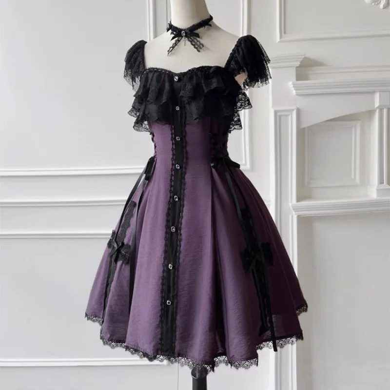 NONSAR Summer New Lolita Lace-up Waisted Thin Black Purple Y2k Dress Women Gothic Ruffles Lace Sling Fluffy Princess Mini Dress
NONSAR Summer New Lolita Lace-up Waisted Thin Black Purple Y2k Dress Women Gothic Ruffles Lace Sling Fluffy Princess Mini Dress