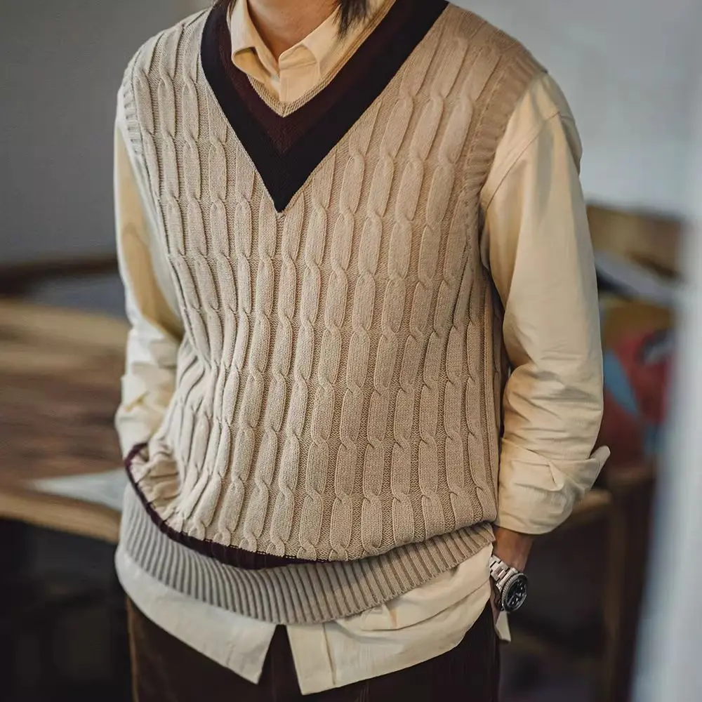 Vintage Striped Knitted V-neck Sweater Vest Contrasting Color Twisted Sleeveless Vest Men's Autumn Top
Vintage Striped Knitted V-neck Sweater Vest Contrasting Color Twisted Sleeveless Vest Men's Autumn Top