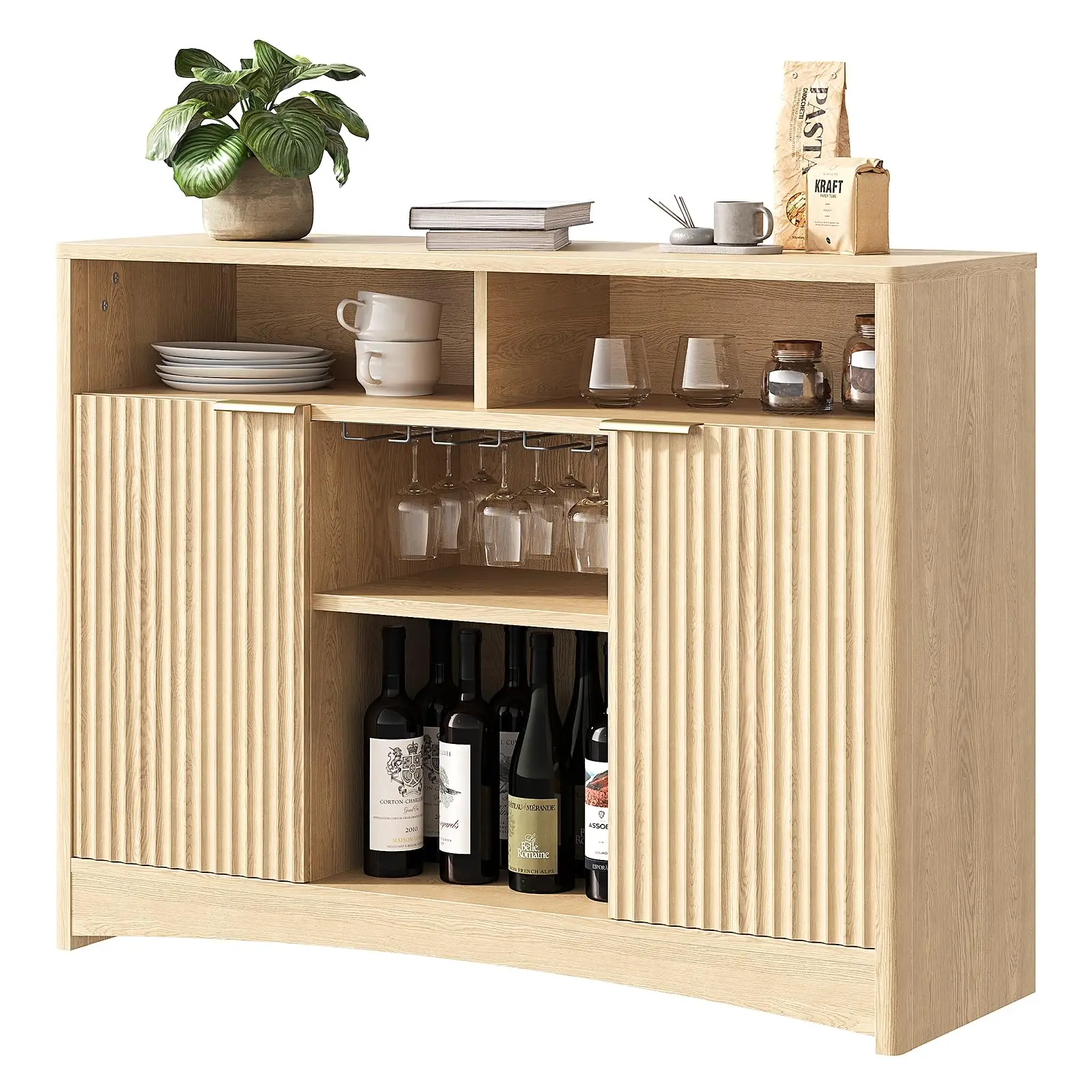 Natural Oak 47.2 Inch Modern Bar Cabinet With Fluted Doors, Adjustable Shelf, Wine Rack And Open Storage For Kitchen Or Living
Natural Oak 47.2 Inch Modern Bar Cabinet With Fluted Doors, Adjustable Shelf, Wine Rack And Open Storage For Kitchen Or Living