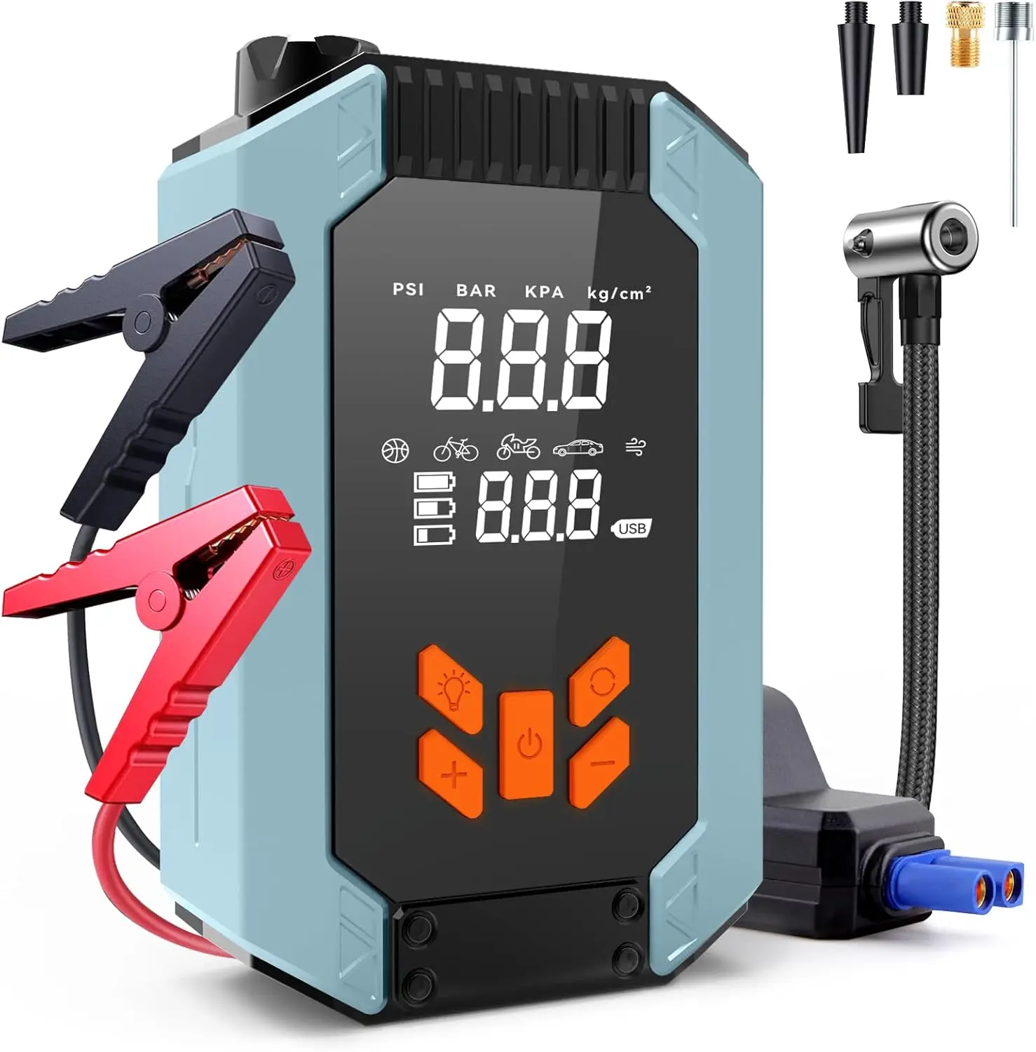 Portable Car Jump Starter with Air Compressor, 4000A 150PSI Battery Jumper Starter (9.0 Gas/8.0L Diesel), 12V Jump Box
Portable Car Jump Starter with Air Compressor, 4000A 150PSI Battery Jumper Starter (9.0 Gas/8.0L Diesel), 12V Jump Box