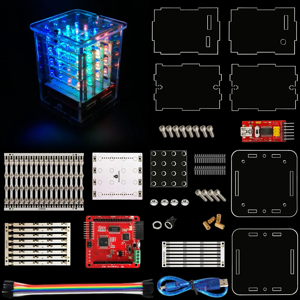 Keyestudio 4*4*4 RGB LED Display CUBE Starter Kit for Arduino project+RGB Driver board+FDTI module (Unassembled)
Keyestudio 4*4*4 RGB LED Display CUBE Starter Kit for Arduino project+RGB Driver board+FDTI module (Unassembled)