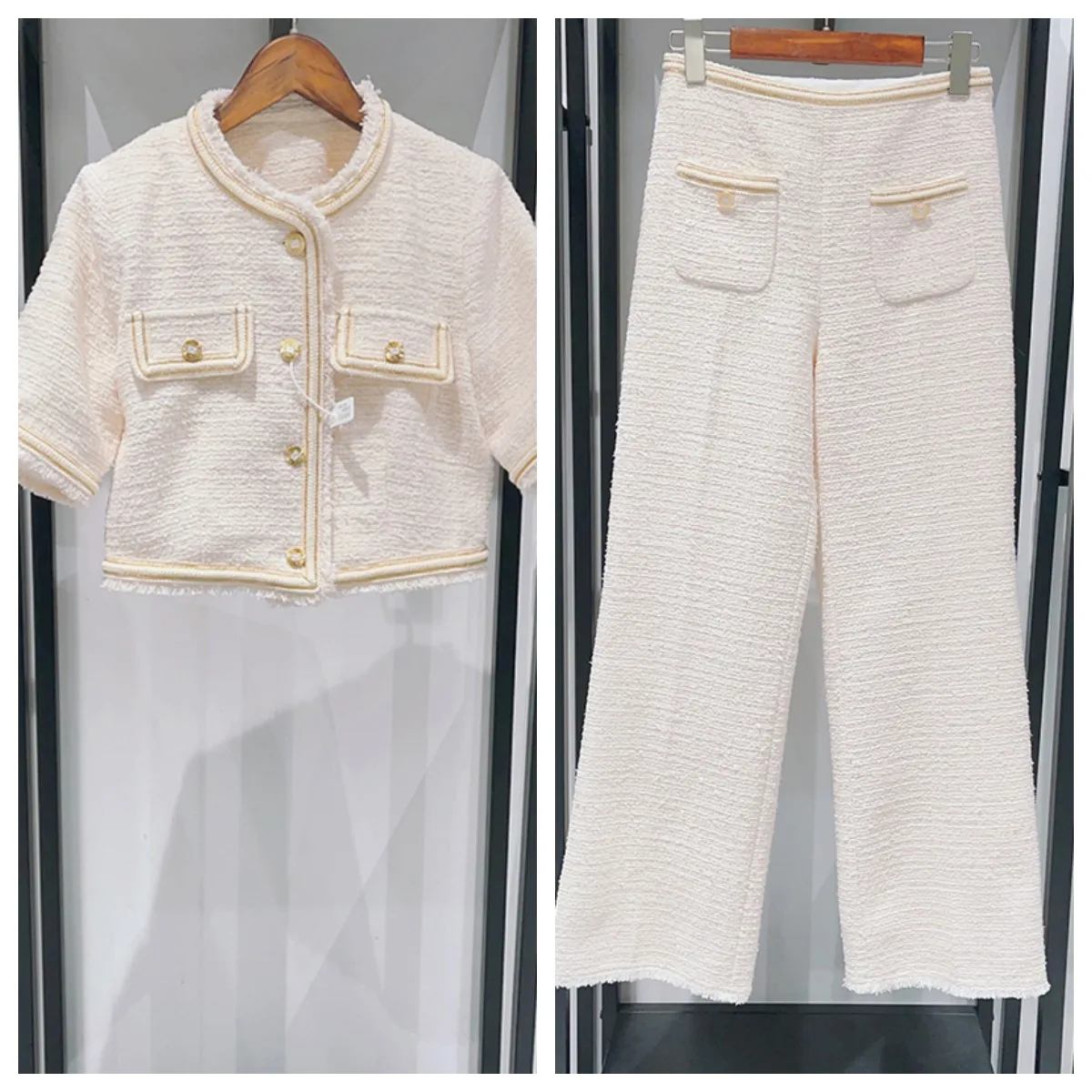 2026 Early Spring Women's Gold Thread Frayed Set Round Neck Single Breasted Jacket + High Waisted Tweed Pants
2026 Early Spring Women's Gold Thread Frayed Set Round Neck Single Breasted Jacket + High Waisted Tweed Pants