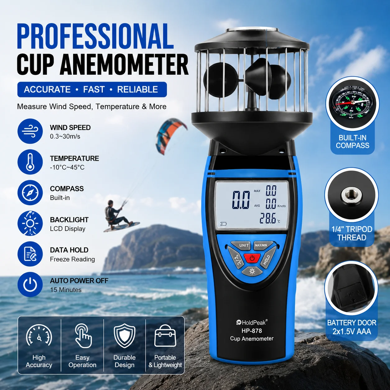 Digital Anemometer with Compass 4 in 1 Wind Speed Meter M/S KM/H MPH KTS Max Min Avg Backlight for Outdoor Sailing Drone
Digital Anemometer with Compass 4 in 1 Wind Speed Meter M/S KM/H MPH KTS Max Min Avg Backlight for Outdoor Sailing Drone
