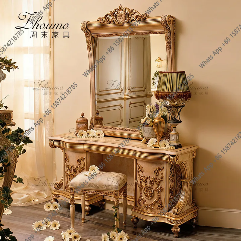 American carved light luxury modern dresser French antique style old makeup table table and chair combination
American carved light luxury modern dresser French antique style old makeup table table and chair combination