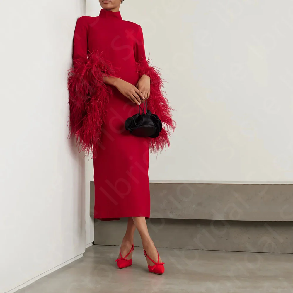 Customized Gorgeous Red Prom Gowns Feathers Short Prom Party Dresses High Neck Long Sleeves Wedding Guest Gowns Tea Length
Customized Gorgeous Red Prom Gowns Feathers Short Prom Party Dresses High Neck Long Sleeves Wedding Guest Gowns Tea Length
