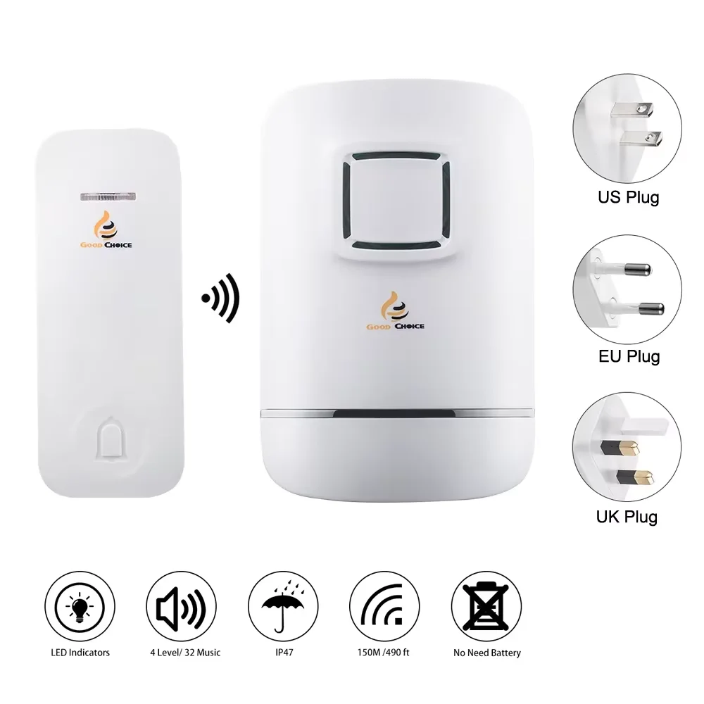 Wireless Doorbell,Door Bell Chime,No Need Battery,IP47 Waterproof Transmitter Button,Plug-in Receiver,32 Ringtones
Wireless Doorbell,Door Bell Chime,No Need Battery,IP47 Waterproof Transmitter Button,Plug-in Receiver,32 Ringtones