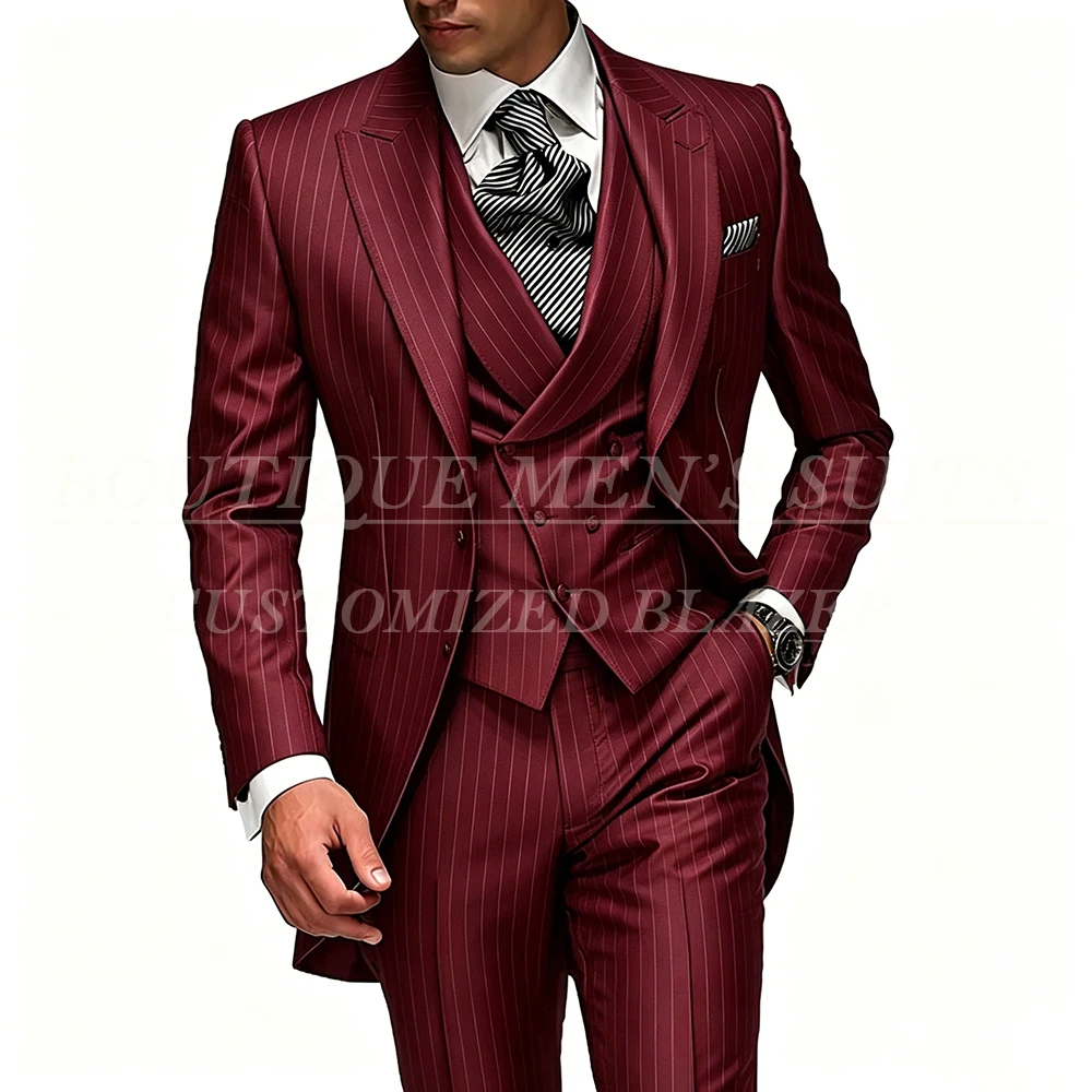 Luxury Burgundy Stripe Men's Suits Tailor-Made 3 Piece Jacket Pants Vest Sets Elegant Single Breasted Peak Lapel Wedding Blazer
Luxury Burgundy Stripe Men's Suits Tailor-Made 3 Piece Jacket Pants Vest Sets Elegant Single Breasted Peak Lapel Wedding Blazer
