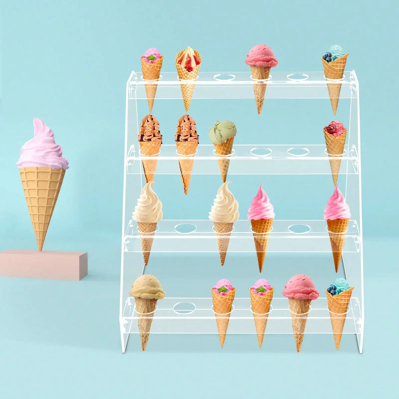 41*32*40cm Clear Acrylic Food Cone Display Stand Rack Ice Cream Cone Serving Holder (4 Layer, 24 Hole)
41*32*40cm Clear Acrylic Food Cone Display Stand Rack Ice Cream Cone Serving Holder (4 Layer, 24 Hole)