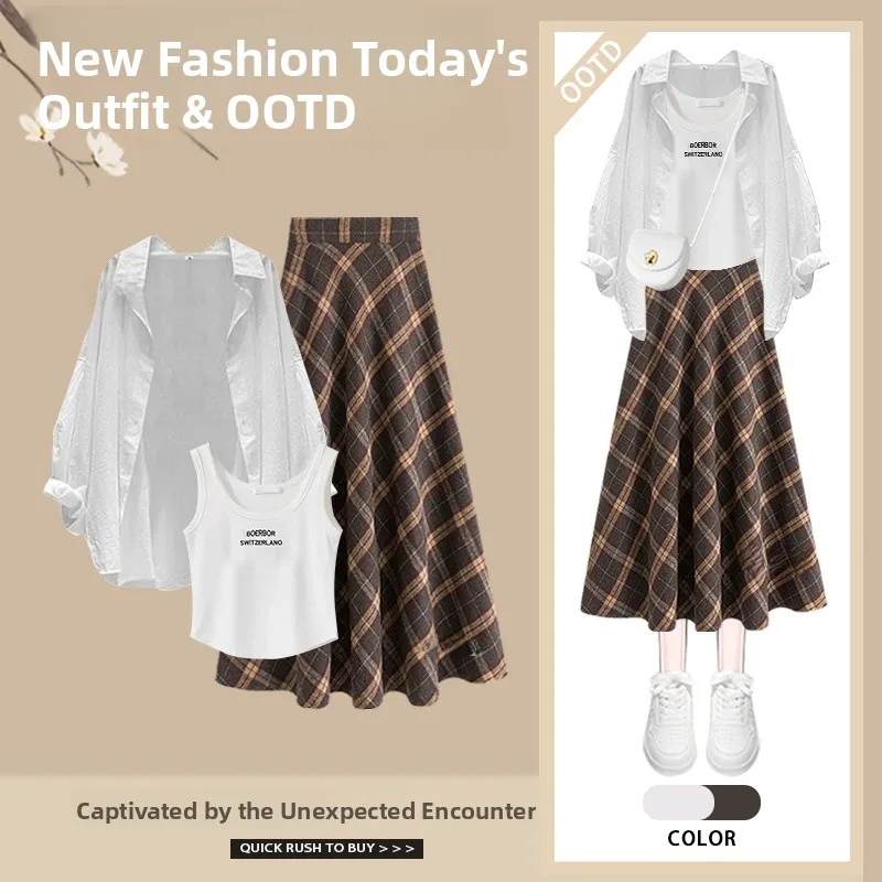 Spring 2026 Women's Fashion Shirt And Halter Neck High Waist Plaid Skirt Two-Piece Set Korean Style Polyester Fiber
Spring 2026 Women's Fashion Shirt And Halter Neck High Waist Plaid Skirt Two-Piece Set Korean Style Polyester Fiber