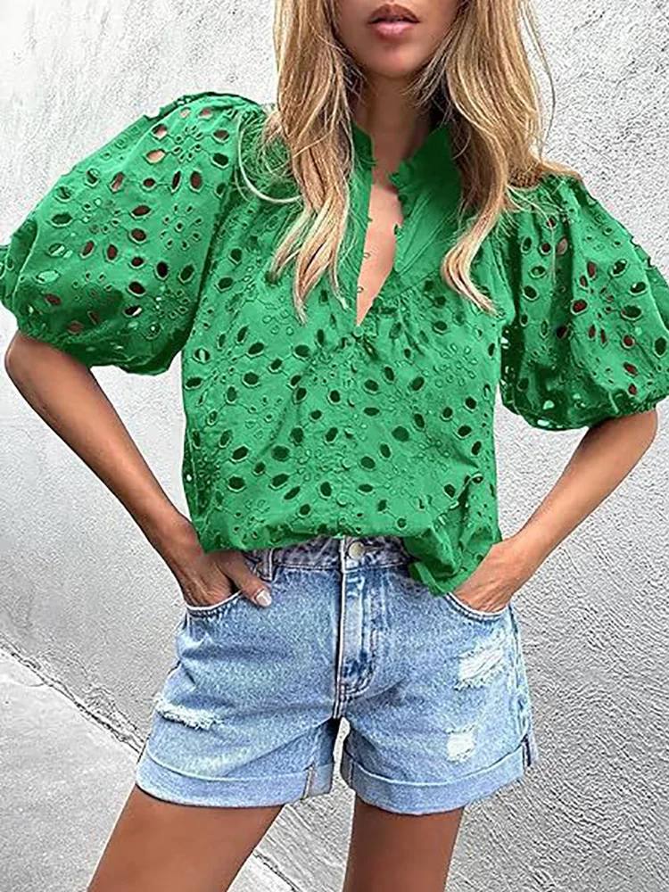 Women Vintage Solid Hollow Out Top Blouses Elegant Half Lantern Sleeve Spring Summer Buttons Ladies Shirts Casual Blusa 2024
Women Vintage Solid Hollow Out Top Blouses Elegant Half Lantern Sleeve Spring Summer Buttons Ladies Shirts Casual Blusa 2024