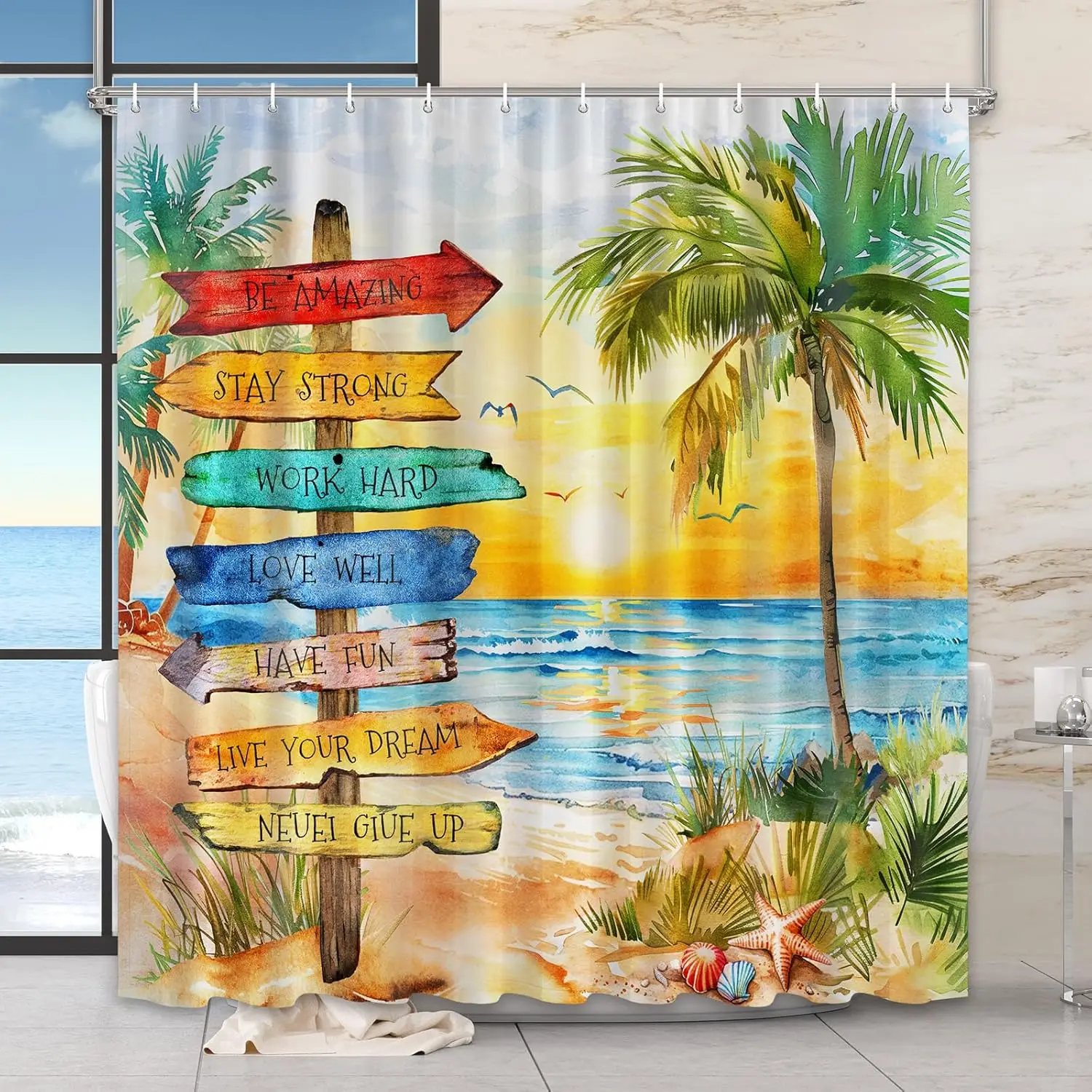 Watercolor Beach Scene With Palm Trees And Motivational Signpost Coastal Decor Shower Curtain
Watercolor Beach Scene With Palm Trees And Motivational Signpost Coastal Decor Shower Curtain