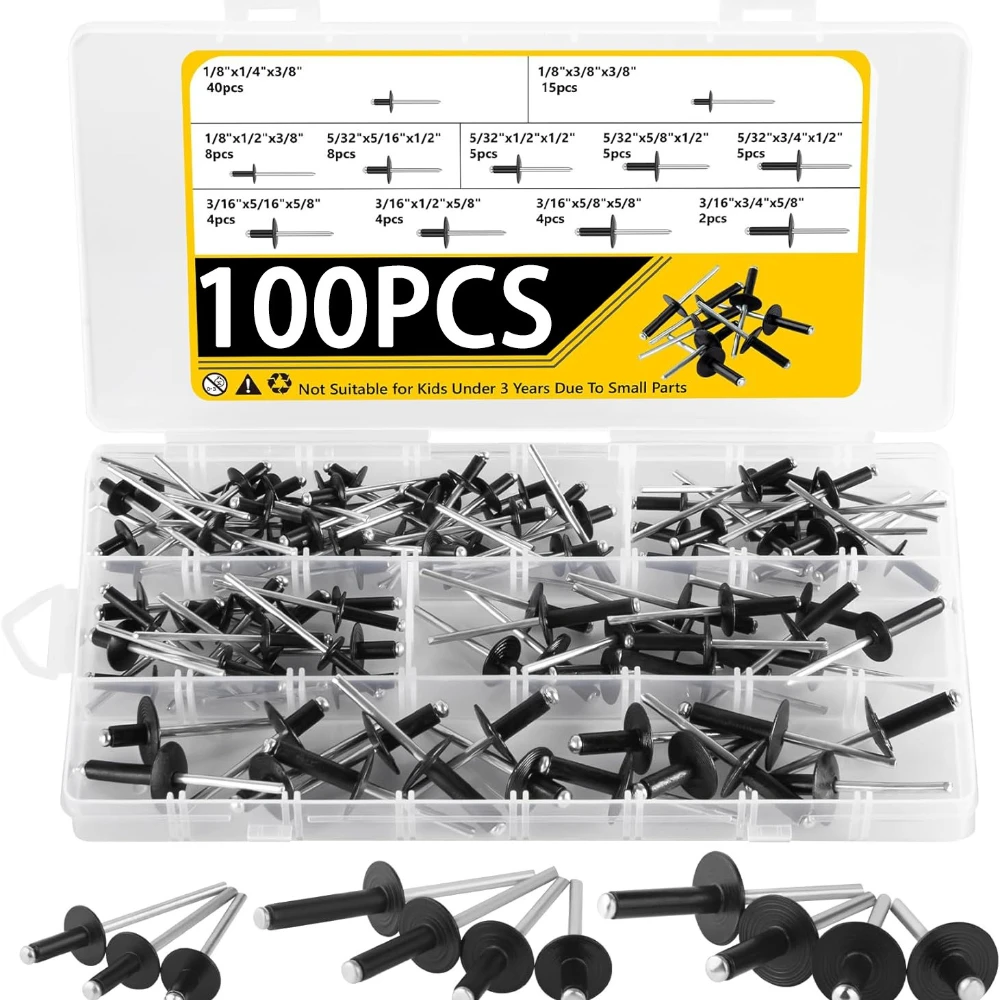 100pcs Black Large Cap Blind Rivets and Pull Rivets Set 3/16" X1/8" X5/8" X3/4" Rivet Opening Type Large Cap Pull Rivets Box
100pcs Black Large Cap Blind Rivets and Pull Rivets Set 3/16" X1/8" X5/8" X3/4" Rivet Opening Type Large Cap Pull Rivets Box