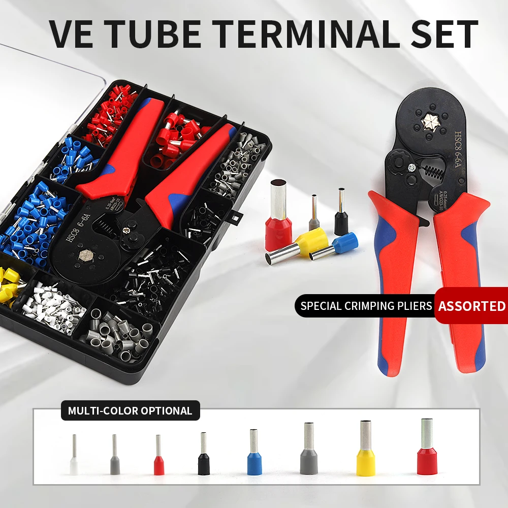 1200PCS Mini Tubular Crimp Wiring Terminal VE Boxed Quick Electrical Wire Cord End Connection With Tool Pliers HSC8 6-4A /6-6A 
1200PCS Mini Tubular Crimp Wiring Terminal VE Boxed Quick Electrical Wire Cord End Connection With Tool Pliers HSC8 6-4A /6-6A
