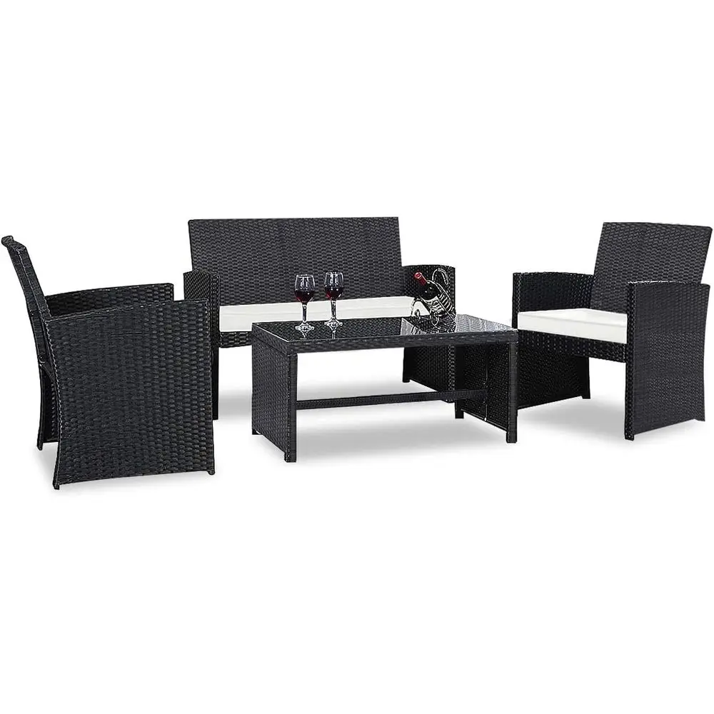 4-Piece Wicker Patio Furniture Set with Cushions, High Backrest, Tempered Glass Table for Outdoor, Garden, Lawn, Balcony Use
4-Piece Wicker Patio Furniture Set with Cushions, High Backrest, Tempered Glass Table for Outdoor, Garden, Lawn, Balcony Use
