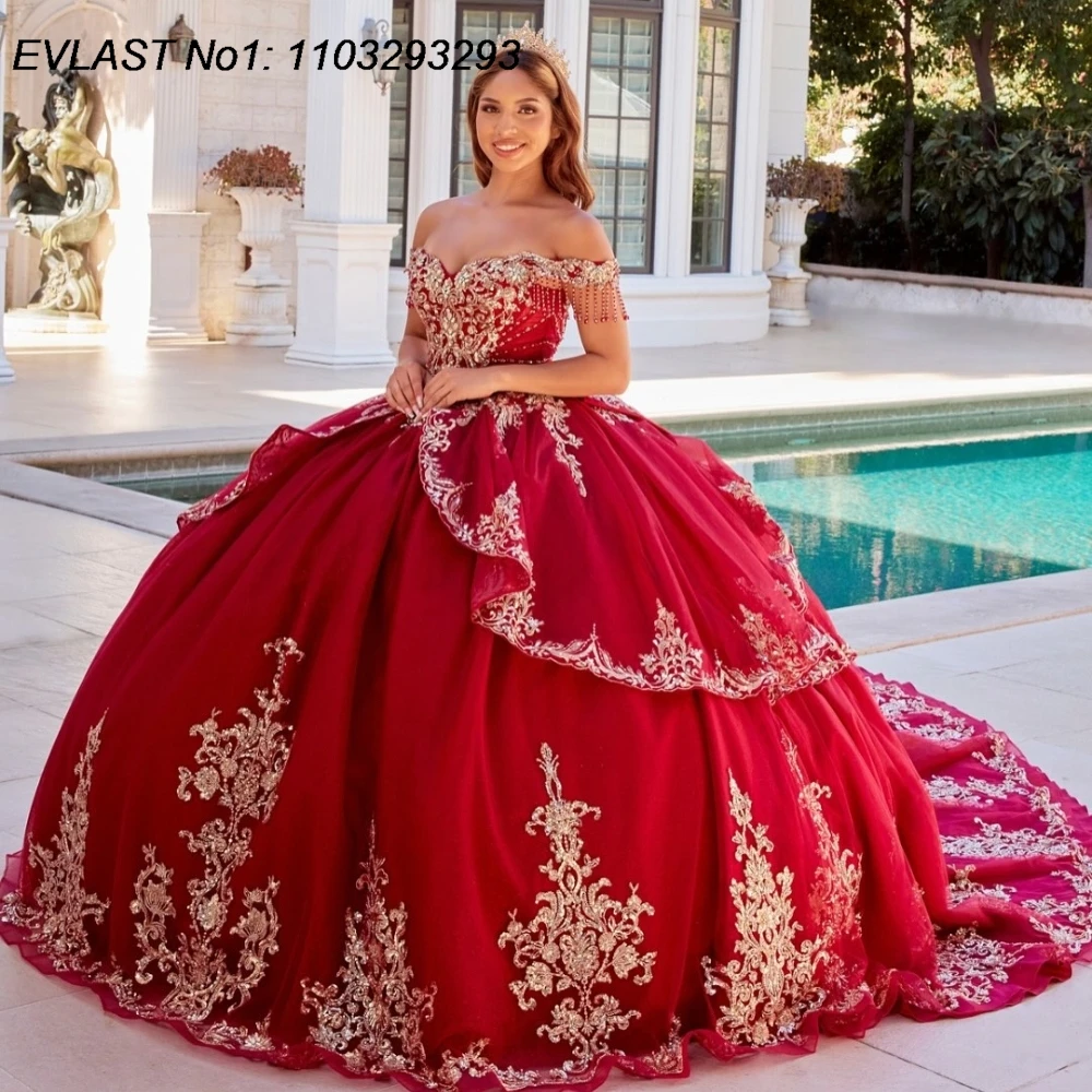 EVLAST Customized Shiny Red Quinceanera Dress Ball Gown Gold Lace Applique Beading Bow Corset Sweet 16 Vestido De 15 Anos E1Q497
EVLAST Customized Shiny Red Quinceanera Dress Ball Gown Gold Lace Applique Beading Bow Corset Sweet 16 Vestido De 15 Anos E1Q497
