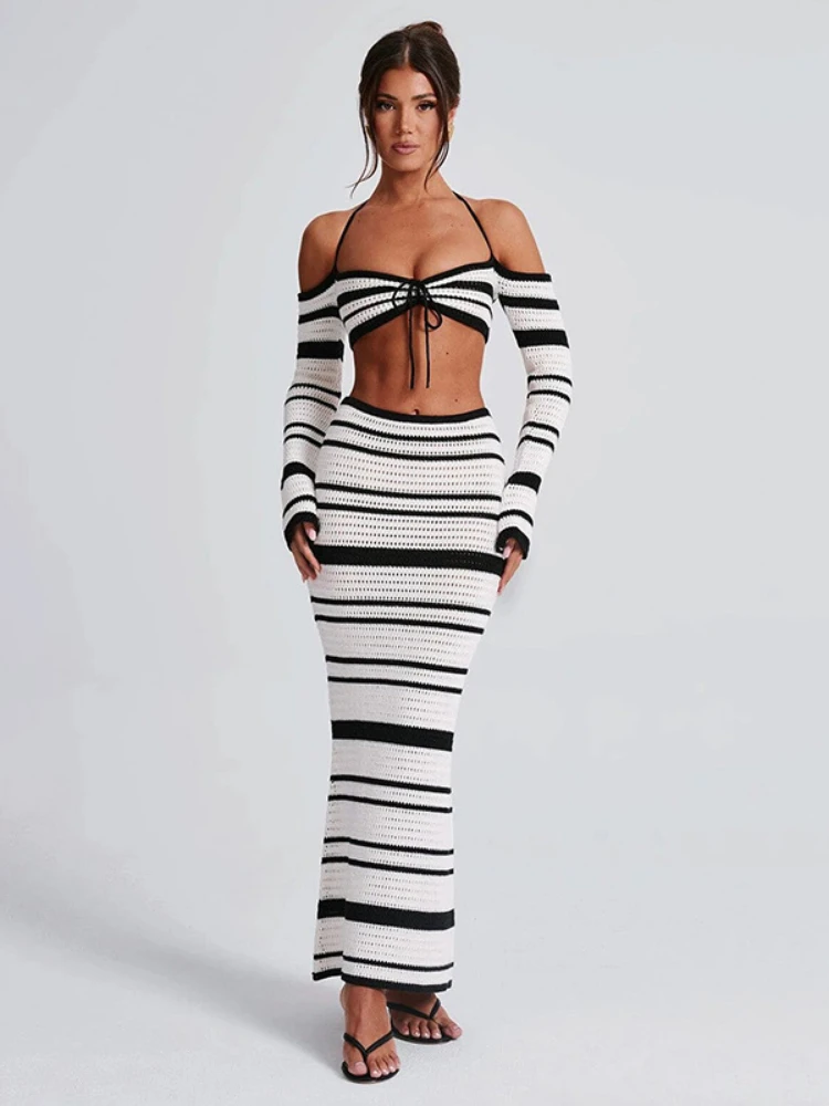 Laxsesu Striped Knitted Two Piece Sets Off Shoulder Halter Lace-up Long Sleeve Hollow Party Club Skirt Set 2024 Summer Fashion
Laxsesu Striped Knitted Two Piece Sets Off Shoulder Halter Lace-up Long Sleeve Hollow Party Club Skirt Set 2024 Summer Fashion