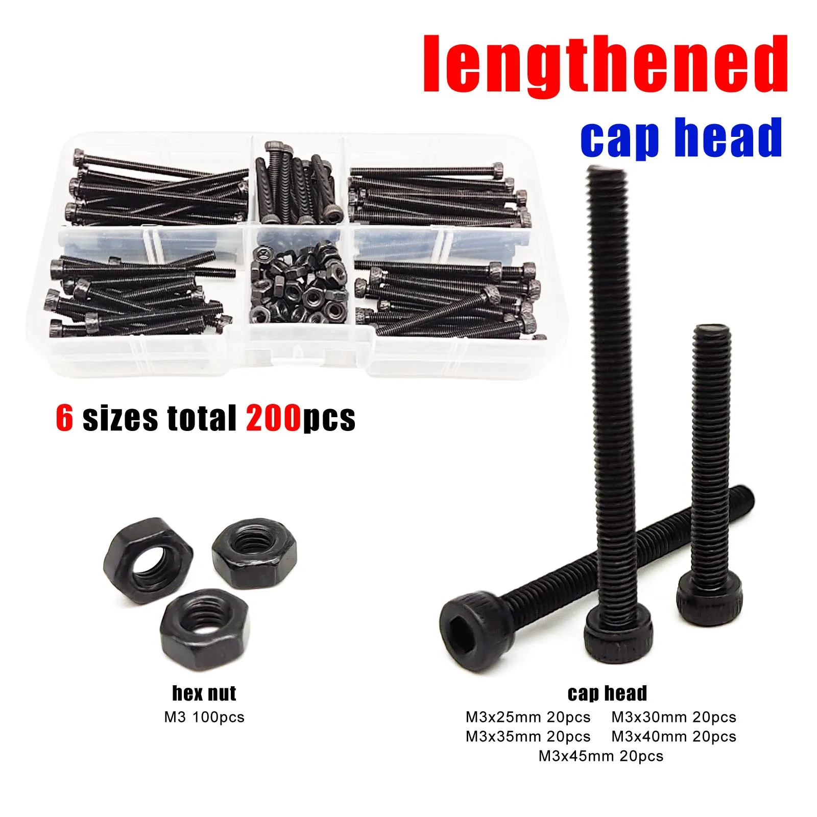 200 шт./компл. удлиненный длинный шестигранник M3 с шестигранной головкой под торцевой ключ, кнопка с потайной плоской тонкой винтовой болт, набор гаек из черной легированной стали
200 шт./компл. удлиненный длинный шестигранник M3 с шестигранной головкой под торцевой ключ, кнопка с потайной плоской тонкой винтовой болт, набор гаек из черной легированной стали