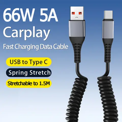66W Car Spring Data Cord Short 5A Fast Charging Wire USB To Type C Cable For iPhone 16 15 Huawei Xiaomi Samsung Type c Cable