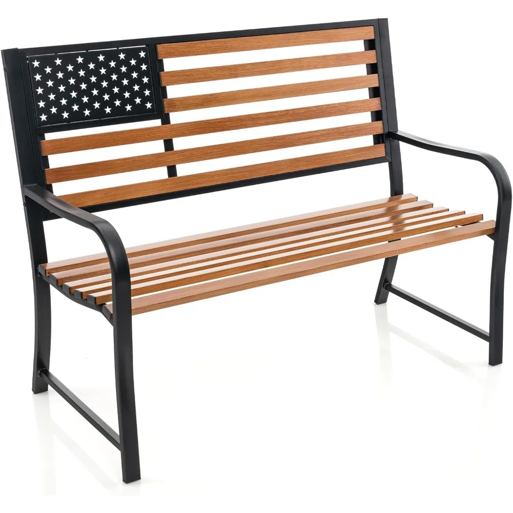 50” Outdoor Garden Bench, 2-Person Metal Patio Chair with Flag Pattern Backrest & Rustic Wood Grain Finish, Patriotic Bench wit
50” Outdoor Garden Bench, 2-Person Metal Patio Chair with Flag Pattern Backrest & Rustic Wood Grain Finish, Patriotic Bench wit