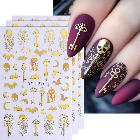 3pcs Halloween Nail Stickers Golden Skeleton Pumpkin Bat Key Nail Decal y2k Star Punk Gothic Nail Supplies Manicure Decoration
