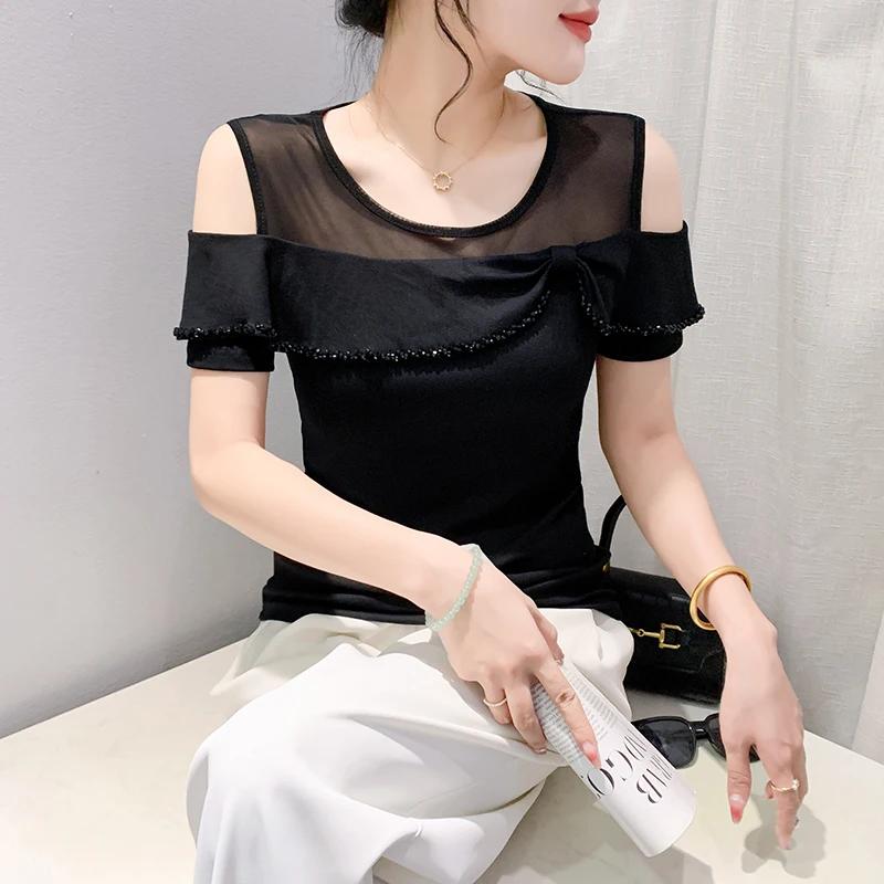 Black Summer Korean Style T-Shirt Fashion Sexy O-Neck Patchwork Shiny Beading Women's Tops Short Sleeve Slim Tees 2024 New 44276
Black Summer Korean Style T-Shirt Fashion Sexy O-Neck Patchwork Shiny Beading Women's Tops Short Sleeve Slim Tees 2024 New 44276