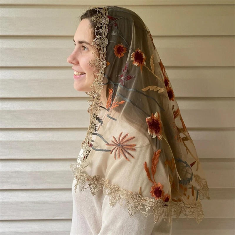 D Shape Brown Floral Mantilla Veil For Women Church Embroidered Leaves Gold Lace Trim Mass Catholic Gift Vintage Head Covering
D Shape Brown Floral Mantilla Veil For Women Church Embroidered Leaves Gold Lace Trim Mass Catholic Gift Vintage Head Covering