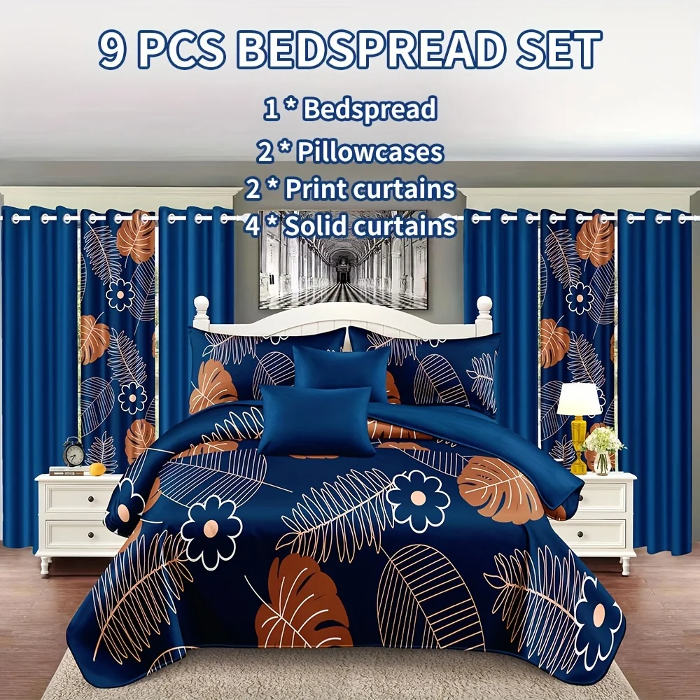 9pcs bedding: 1pc Bed Cover, 2pcs Pillowcases, 2pcs Printed Curtains, 4pcs Solid Curtains, Queen/King/Cal King Size, Blue, Leaf, Bedroom Comforter Set, for Any Season, Machine Washable, Gifts for Christmas, New Years, Other Festival
9pcs bedding: 1pc Bed Cover, 2pcs Pillowcases, 2pcs Printed Curtains, 4pcs Solid Curtains, Queen/King/Cal King Size, Blue, Leaf, Bedroom Comforter Set, for Any Season, Machine Washable, Gifts for Christmas, New Years, Other Festival