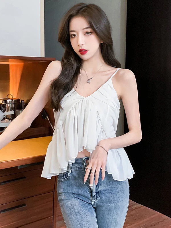 Chiffon Strap Vest Women Summer Pure Desire Wind Pleated V-neck Waist Cinch Slim Short Lace Trim Spicy Sleeveless Top
Chiffon Strap Vest Women Summer Pure Desire Wind Pleated V-neck Waist Cinch Slim Short Lace Trim Spicy Sleeveless Top
