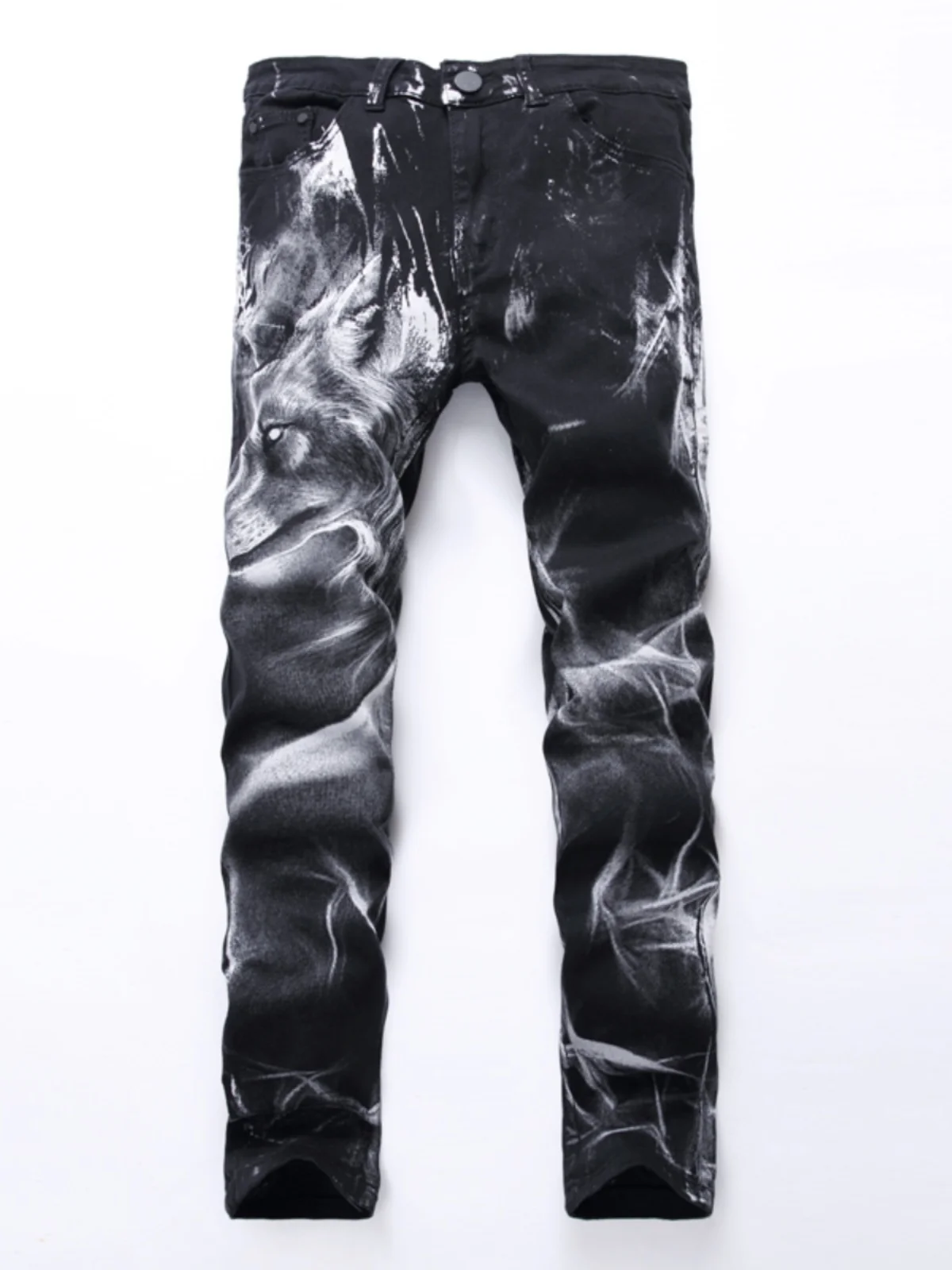 Trendy Men's Slim Fit Denim Jeans Wolf Head 3D Print Elastic Nightclub Flower Pants Black High Elasticity Cotton Fabric
Trendy Men's Slim Fit Denim Jeans Wolf Head 3D Print Elastic Nightclub Flower Pants Black High Elasticity Cotton Fabric