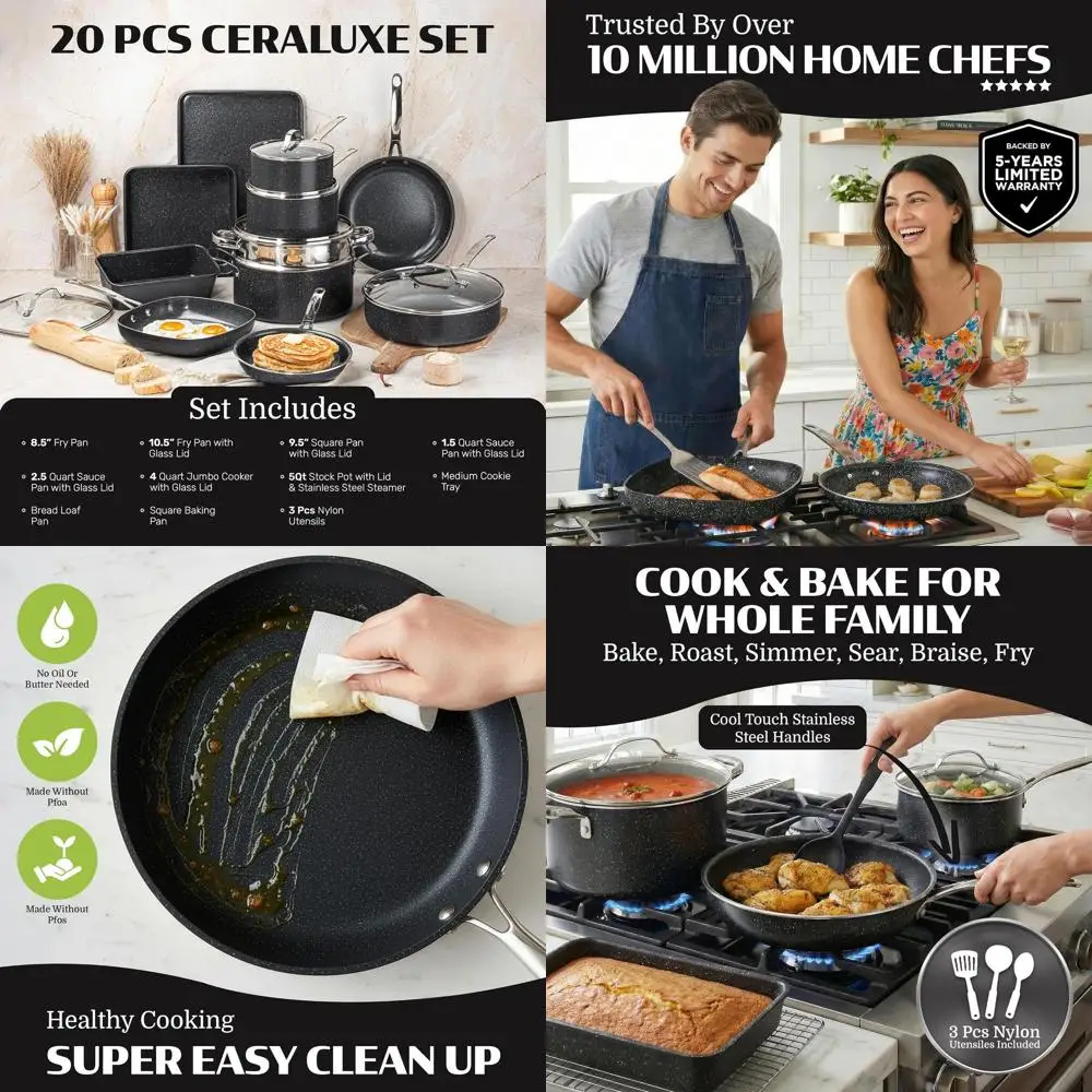 20-Piece Nonstick Cookware Set with Pots, Pans, Bakeware, Utensils & Steamer, Non-Toxic, Oven & Dishwasher Safe
20-Piece Nonstick Cookware Set with Pots, Pans, Bakeware, Utensils & Steamer, Non-Toxic, Oven & Dishwasher Safe