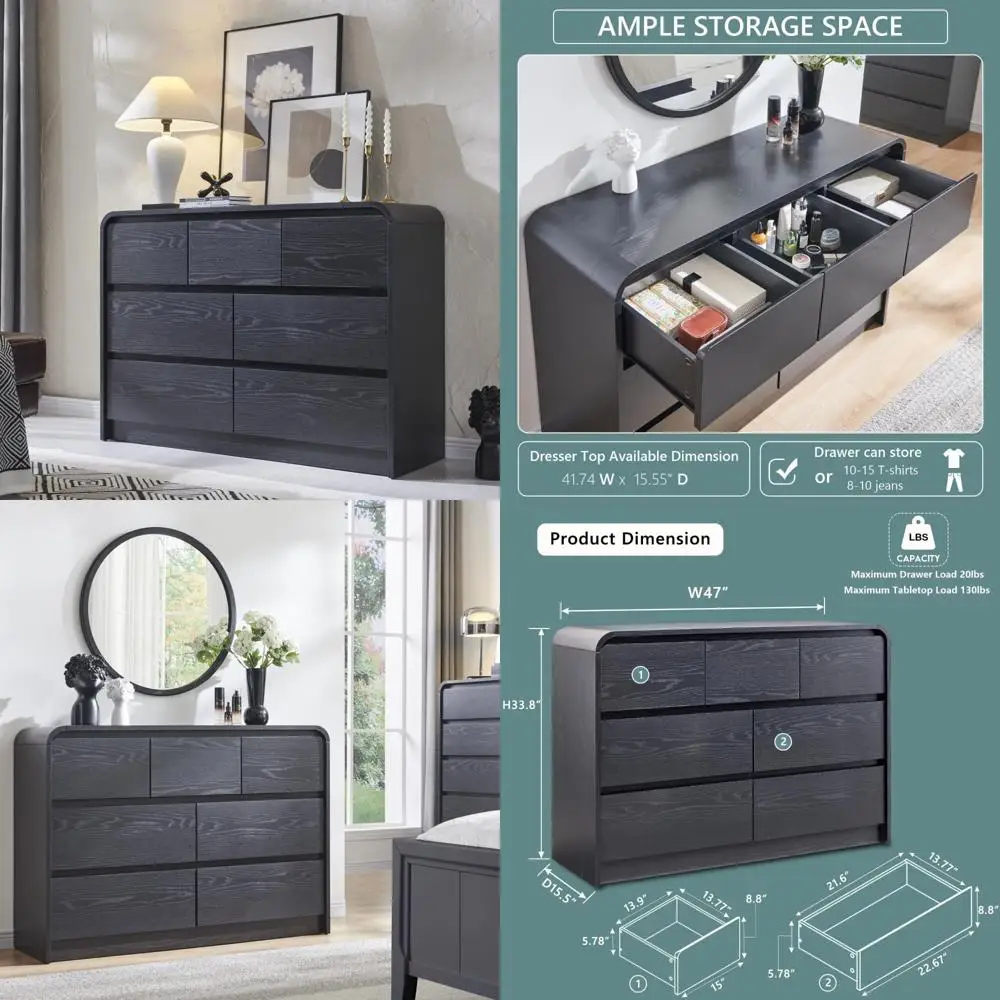 mid-century modern 7-drawer wooden dresser, 47" wide with curved profile
mid-century modern 7-drawer wooden dresser, 47" wide with curved profile