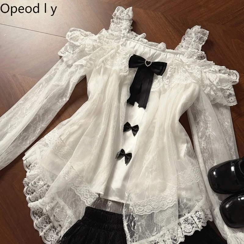 Japanese Fashion Black White Off-shoulder Lace Off-the-shoulder Long-sleeved Shirt Women's Lace Cake Skirt Set Summer Women Suit
Japanese Fashion Black White Off-shoulder Lace Off-the-shoulder Long-sleeved Shirt Women's Lace Cake Skirt Set Summer Women Suit