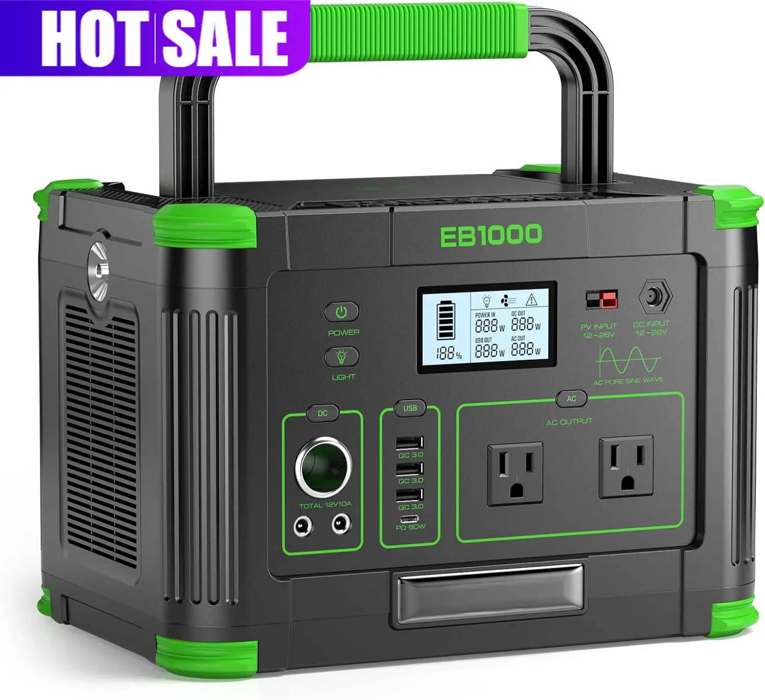 1000W (Peak 2000W), 999Wh Solar Generator, 110V Pure Sine Wave AC Outlet with PD 60W USB-C Fast Charging
1000W (Peak 2000W), 999Wh Solar Generator, 110V Pure Sine Wave AC Outlet with PD 60W USB-C Fast Charging