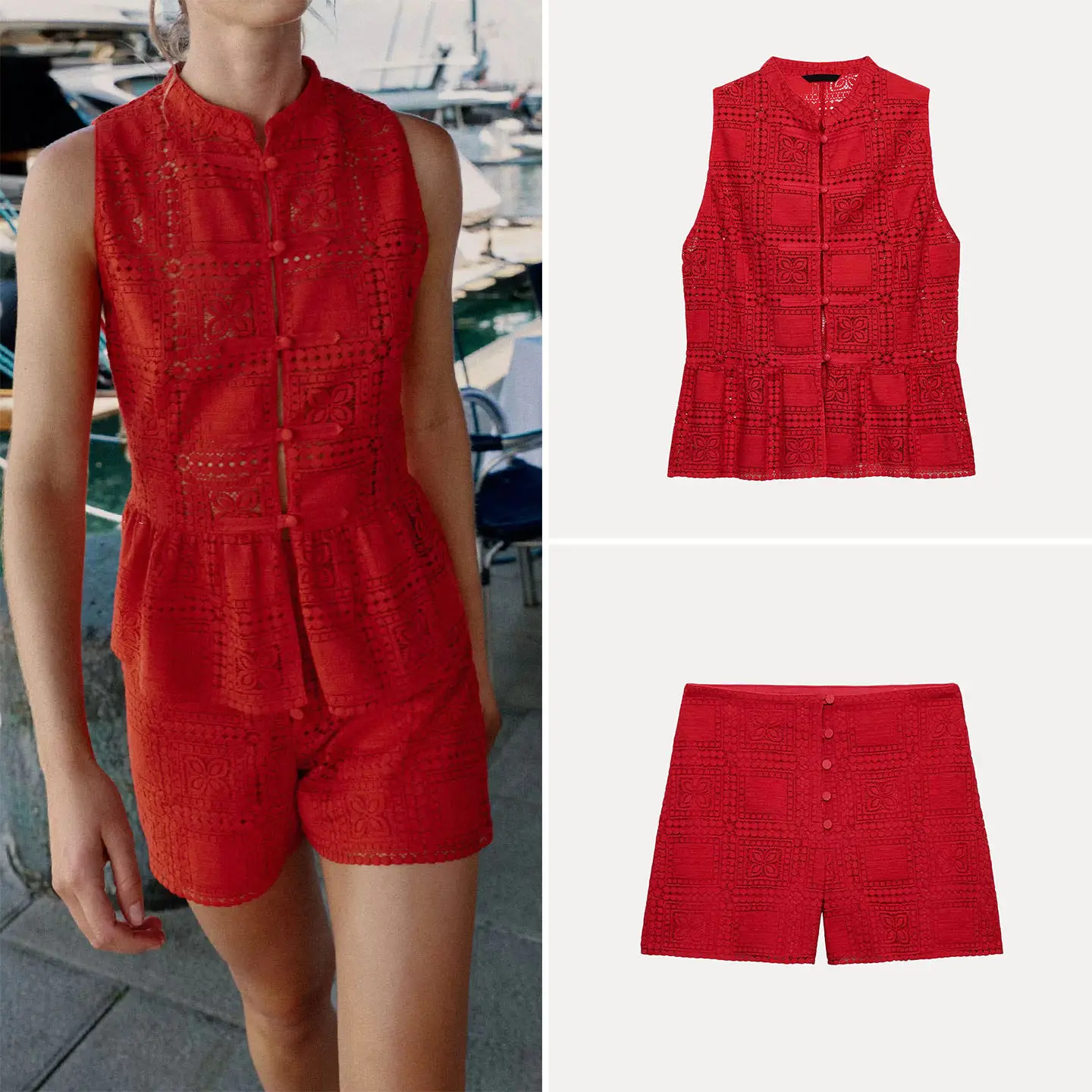 Red Lace round Neck Rope Knot Buckle Embossed Pattern Women's Top And Shorts Set High Waist Short Pants Summer Fashion Outfit
Red Lace round Neck Rope Knot Buckle Embossed Pattern Women's Top And Shorts Set High Waist Short Pants Summer Fashion Outfit