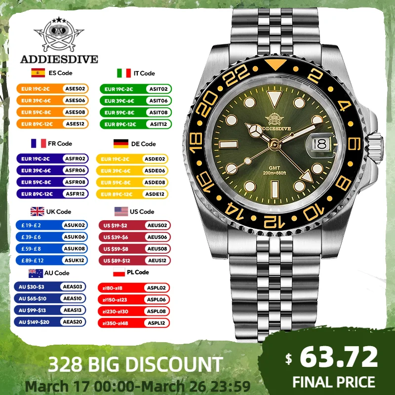ADDIESDIVE Men’s Quartz Watches Stainless Steel GMT Movement Analog Wristwatch BGW9 Luminous 200m Waterproof Dive Sports Watches
ADDIESDIVE Men’s Quartz Watches Stainless Steel GMT Movement Analog Wristwatch BGW9 Luminous 200m Waterproof Dive Sports Watches