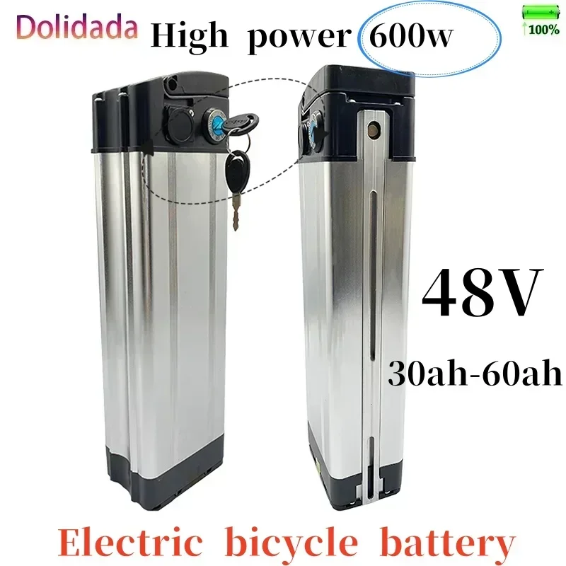 202418650 Battery 48V 30ah 40ah 50ah 60ah Silver Fish Style Bike Battery 48V Lithium Battery with Aluminum Case Anti-theft Lock
202418650 Battery 48V 30ah 40ah 50ah 60ah Silver Fish Style Bike Battery 48V Lithium Battery with Aluminum Case Anti-theft Lock
