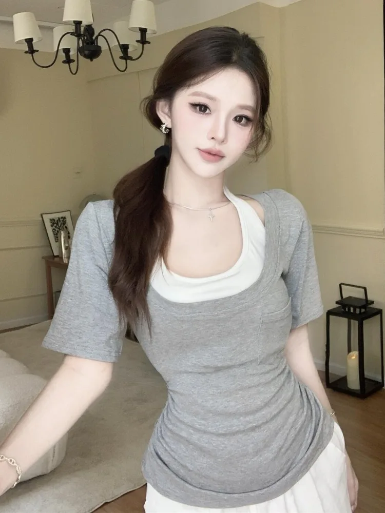 Gray U-Neck Short Sleeve T-Shirt Women's Summer Hanging Neck Two-Piece Set Slim Fit Thin Shoulder Exposure Elegance Top
Gray U-Neck Short Sleeve T-Shirt Women's Summer Hanging Neck Two-Piece Set Slim Fit Thin Shoulder Exposure Elegance Top