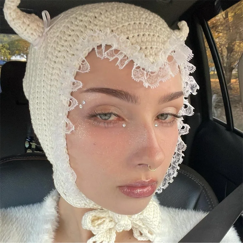 Handmade Cream White Crochet Devil Horn Bonnet with Lace Trim, Coquette Y2K Aesthetic Knit Hat for Winter
Handmade Cream White Crochet Devil Horn Bonnet with Lace Trim, Coquette Y2K Aesthetic Knit Hat for Winter